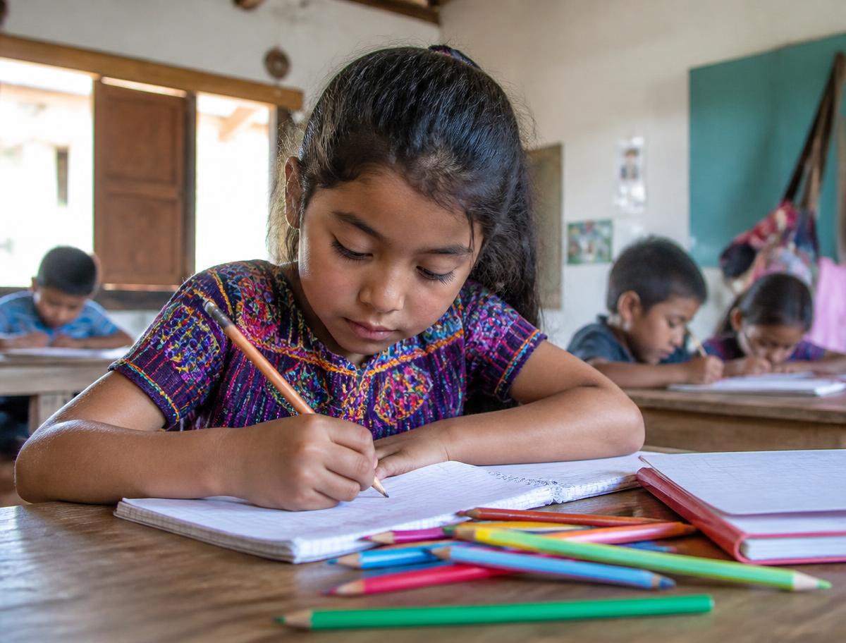 A girl writing in her notebook during class at the community center