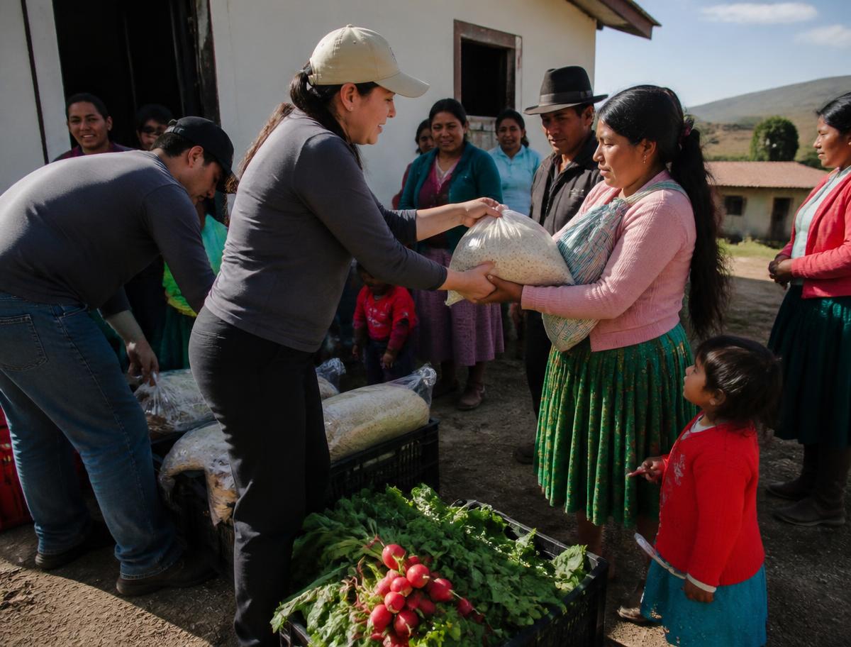 Volunteers distributing rice and fresh produce to families