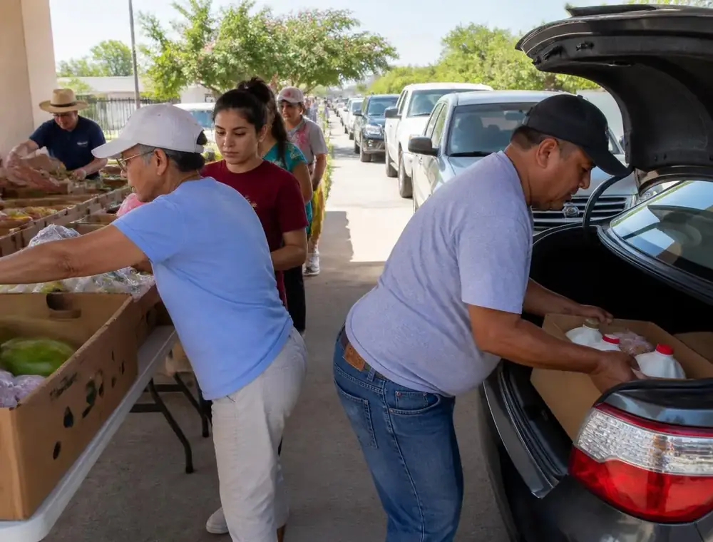 Volunteers handing boxes of groceries to families at a church distribution