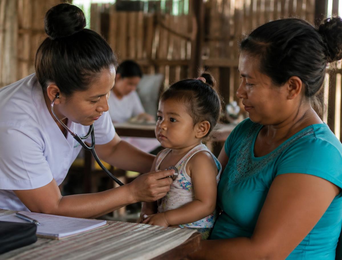 A nurse examining a young child at a community health visit