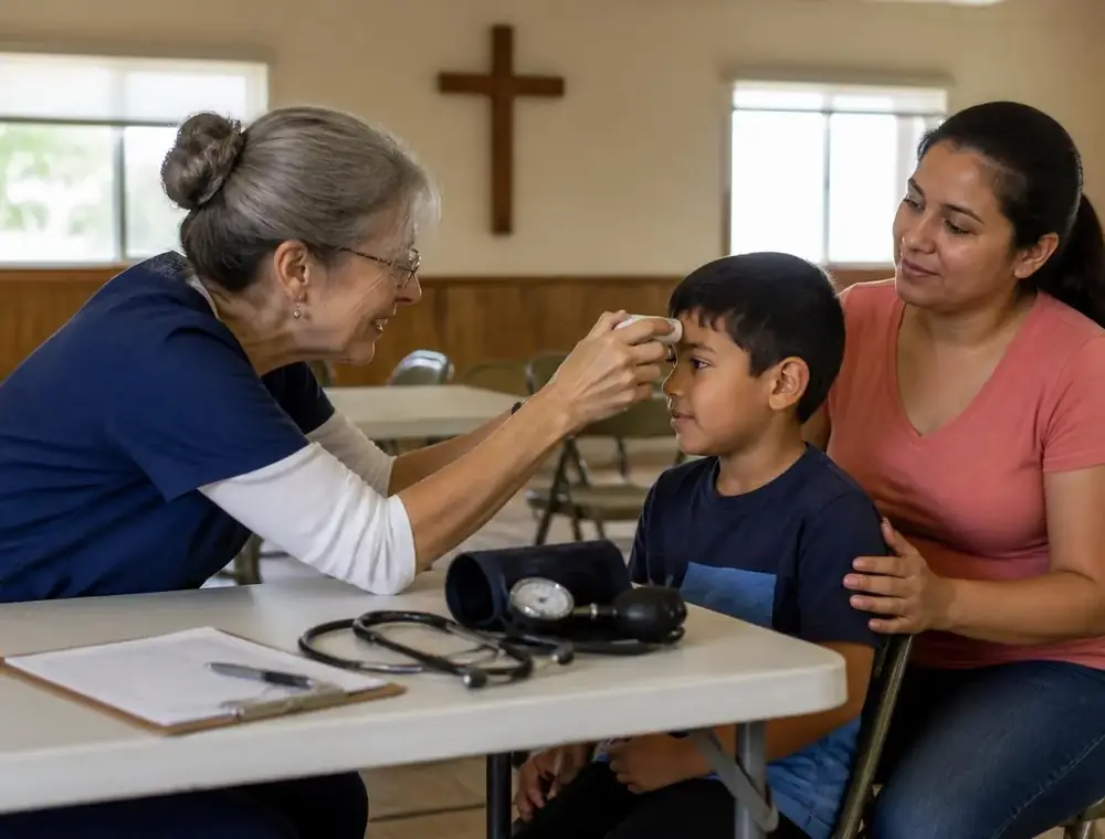 A nurse checking a child\u2019s blood pressure at a Hearts 4Kids community health screen in South Texas